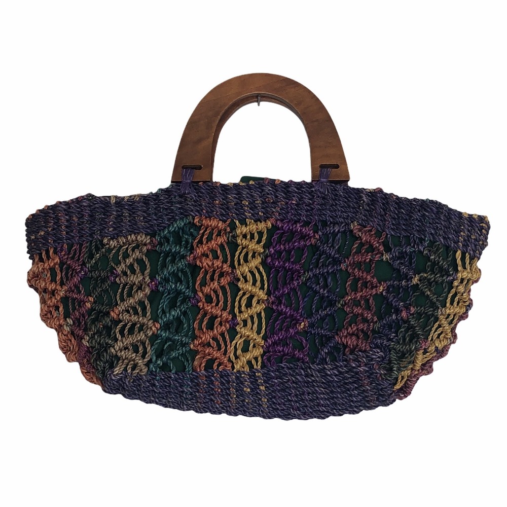 Straw Clutch Purse‎ Rainbow Multi Colors Wood Handles Unbranded EUC SH834